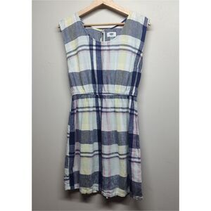 Old Navy Linen Mini Dress Women Size M Blue Plaid Sleeveless Feminine Casual